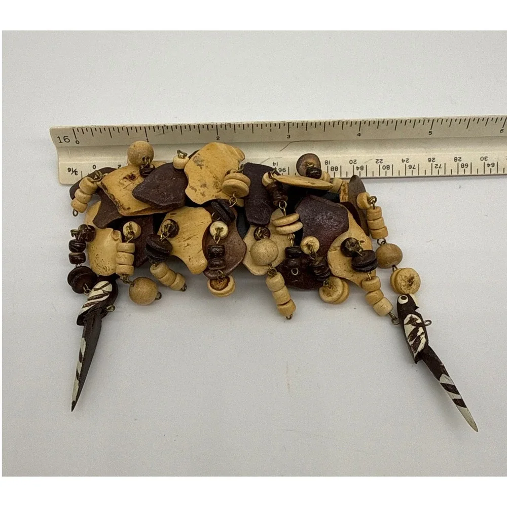 Vintage Tropical Wood Parrot‎ Barrette Beaded Bird Hair Clip Brown Cream Boho